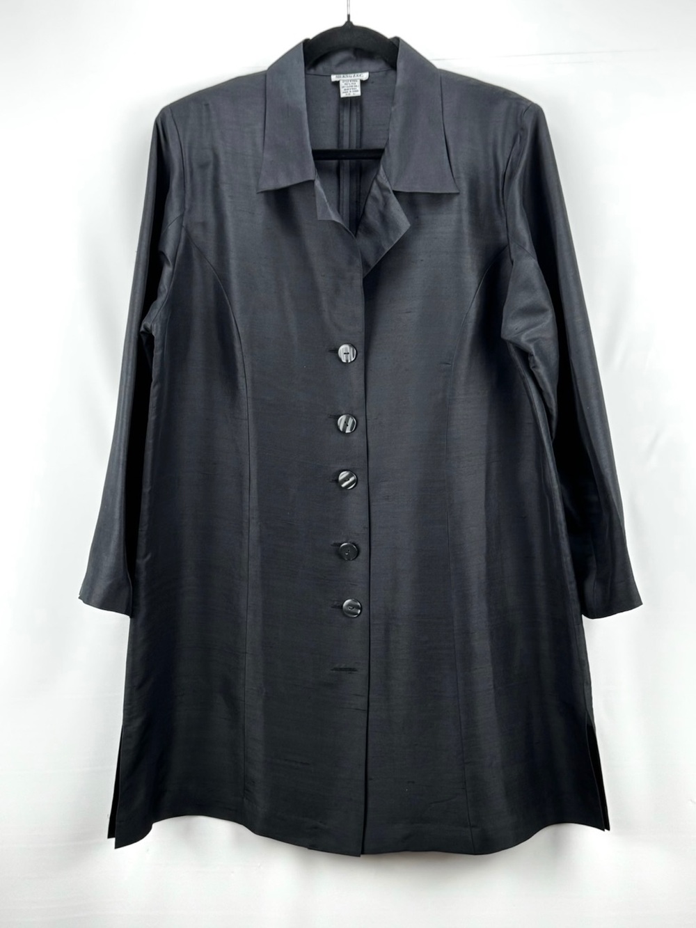 Women's Silk Black Long Sleeve Button-Front Mid-Length Tunic Blouse / Jacket